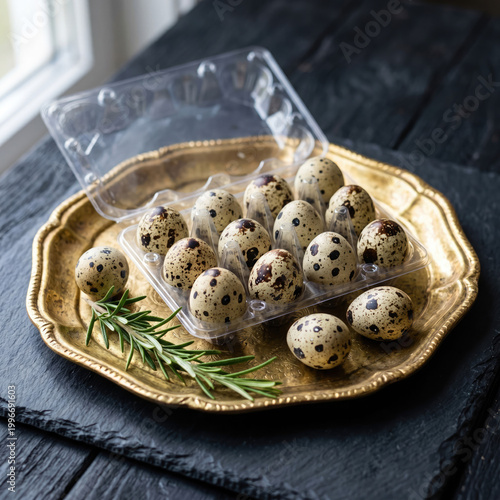 Quail eggs in a clear plastic container on a gold plate with herbs on a wooden table indoors.