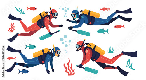 Four scuba divers swim underwater among colorful tropical fish, coral, and air bubbles in a vibrant and detailed marine illustration.