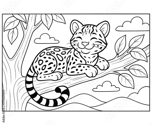 Tableau sur toile Cute cartoon ocelot cat rests on a tree branch with clouds and mountains in background