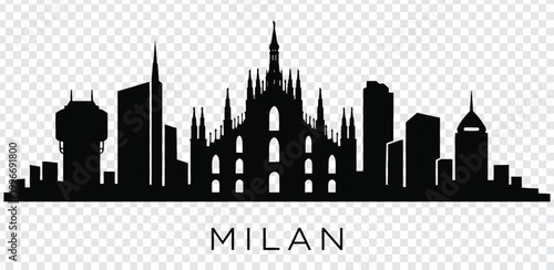 Black silhouette of milan city skyline with famous cathedral and buildings