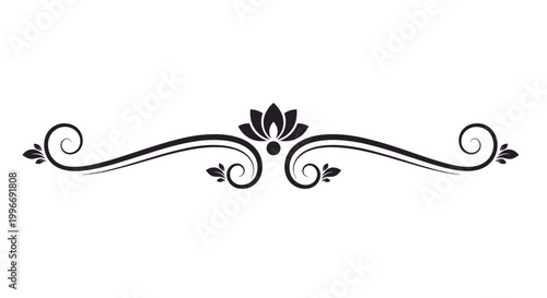 Sophisticated black decorative divider features a lotus flower in the center with graceful swirls and leaf accents for elegant designs.
