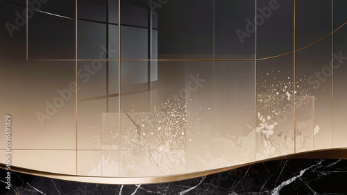 Modern abstract wall with gold accents.
​Luxury black marble with golden waves.
​Textured glass panels with artistic splashes.
​Sophisticated geometric interior design background.
​Elegant material