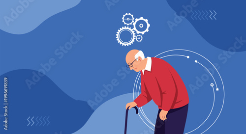 Elderly man with a cane walks against a blue abstract background while gear symbols over his head suggest memory and cognitive health.