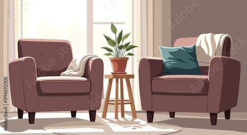 Cozy living room interior with two comfortable brown armchairs flanking a small wooden table with a green potted plant in a sunny morning.