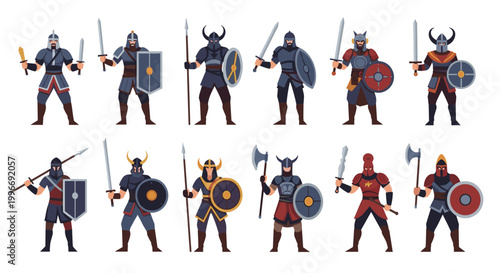 Detailed set of various ancient warriors and knights equipped with swords, shields, axes, and spears in a diverse character design set.