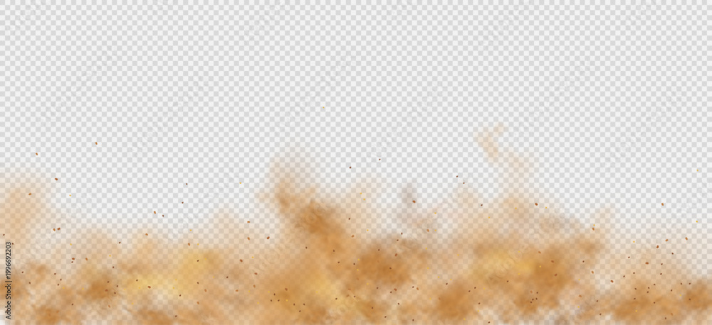 Fototapeta premium Dust and sand blend with smoke into a desert cloud, producing a dramatic dirt effect. Brown flying particles move in air like a sandstorm, forming a dusty background texture, isolated and transparent