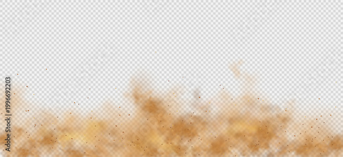 Dust and sand blend with smoke into a desert cloud, producing a dramatic dirt effect. Brown flying particles move in air like a sandstorm, forming a dusty background texture, isolated and transparent