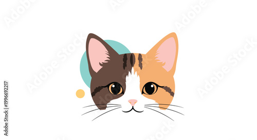 Cute calico cat face with brown, orange, and white patches and large dark eyes on an abstract circular background in a charming pet art.