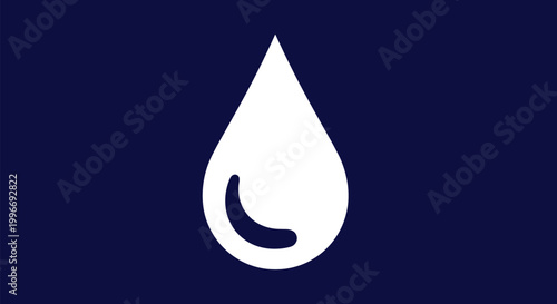White water drop icon with a curved line inside is isolated on a dark blue background representing purity or hydration concept.