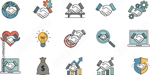 Business partnership and handshake flat icon set with agreement trust and growth symbols