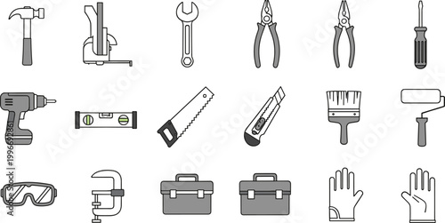 Construction tools and repair equipment flat icon set with handyman maintenance symbols