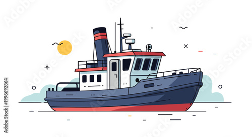 Colorful illustration of a sturdy tugboat sailing on a calm sea under a bright yellow sun with clouds and abstract elements.