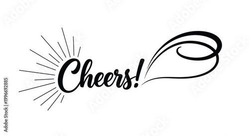 Elegant black script calligraphy of the word cheers with a decorative flourish element is presented on a clean white background.