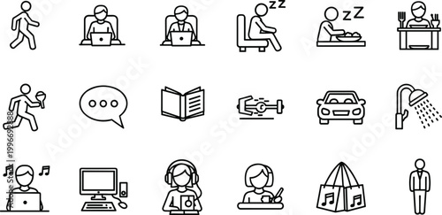 Daily lifestyle and work routine line icon set with leisure travel and communication symbols