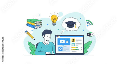 E-learning, online education, digital learning, course creation, teaching tools, vector illustration