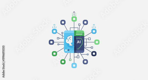 Artificial Intelligence, AI icons, technology symbols, blue green graphics