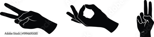 Collection of hand gesture silhouettes and signals. Hand victory and OK signs. Non verbal communication concepts, and creative marketing graphics.