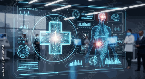 Medical interface, futuristic healthcare, blue digital screen, hospital background