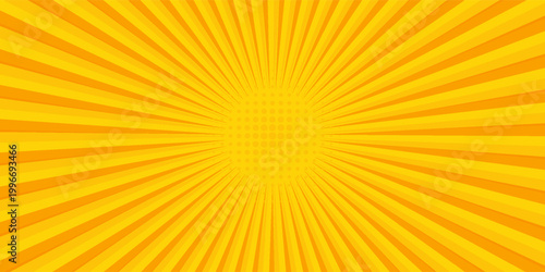 Abstract orange comic background. Art pop cartoon backdrop. Halftone effect pattern. Fun anime texture. Starburst manga style bg. Mark popart radial gradient. Spiral, swirl, comic rays.