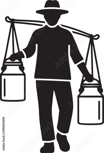 Black silhouette of a man carrying two milk cans on a yoke