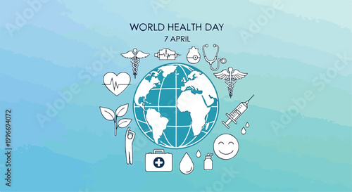 Foto A blue globe surrounded by health symbols