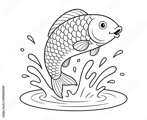 Cartoon fish jumping out of water with splashes, line art vector illustration for coloring.