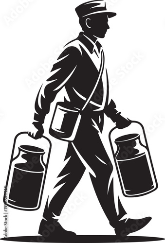 Black and white illustration of a milkman carrying bottles