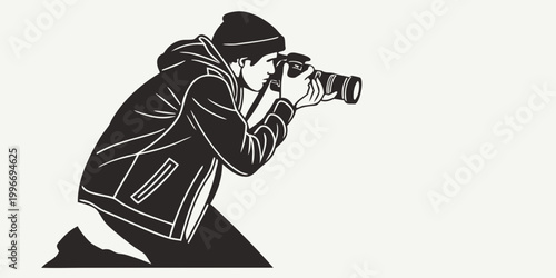 Картината върху платно Professional photographer in beanie and jacket holding camera with photographer
