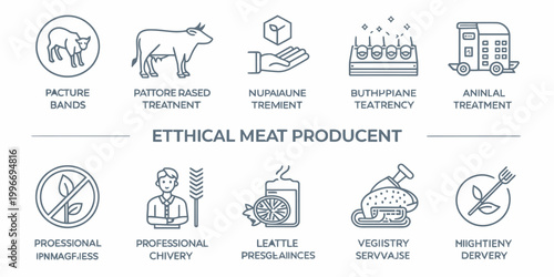 A vector graphic illustration of ethical meat production icons and symbols