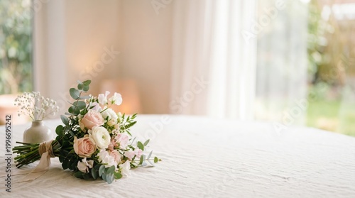 Sustainable elopement bridal bouquet with pink roses and eucalyptus on white linen table