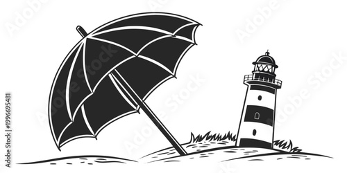 Photos Black and white illustration of beach umbrella and lighthouse on dune with summe