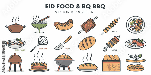 A colorful vector icon set of various Eid foods and BBQ items, including meats, bread, and dishes.
