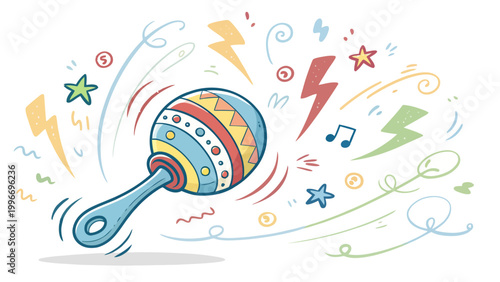 Cartoon maraca musical instrument illustration with decorative elements like stars, lightning bolts, and musical notes