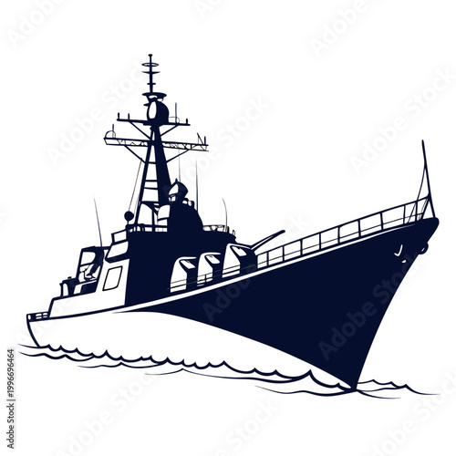 Cuadro en lienzo Silhouette graphic of a modern naval warship sailing on the sea with military de