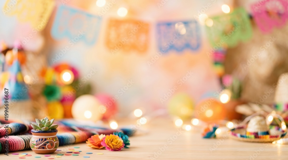 Fototapeta premium Festive Mexican Fiesta Table Background with Succulent and Papel Picado for Social Media Marketing