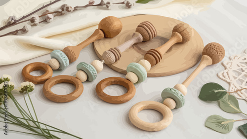 Collection of ecofriendly wooden baby rattles and teethers with natural elements, perfect for infant sensory play and development