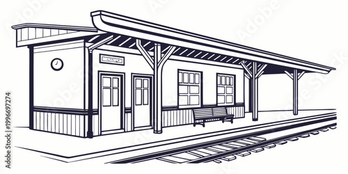 Εκτύπωση καμβά Classic railway station platform architecture line art illustration with platfor