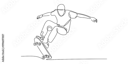 Continuous single line drawing of a man riding a skateboard doing a trick jump Vector, illustration