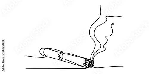 Continuous single line drawing of a burning cigarette with smoke trail Vector, illustration