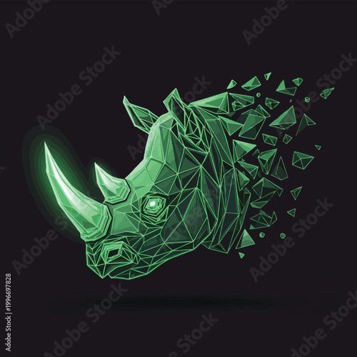 Green neon polygonal rhinoceros head, shattered geometric animal illustration, neon green low poly art