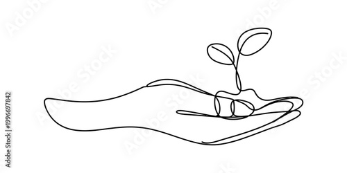 Continuous single line drawing of a human hand holding a small green sprout plant Vector, illustration