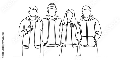 Continuous single line drawing of a group of four friends standing together wearing casual hoodies and shirts in a friendly and happy pose Vector, illustration