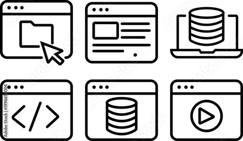 Web development and database icons in a set of six browser windows on white background
