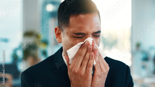 Obraz na płótnie Sick, businessman and blowing nose in office with tissue, flu and cold symptoms at financial agency