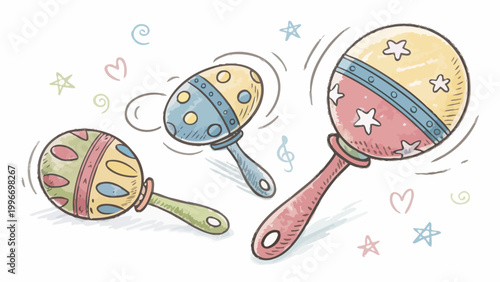 Set of colorful maracas, musical instruments for children, handdrawn illustration
