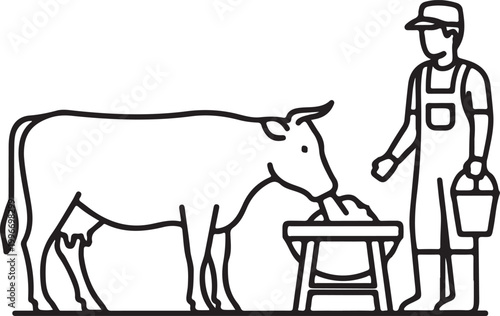 A black line drawing of a man feeding a cow
