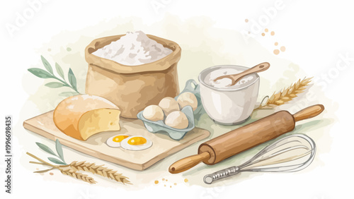 Baking ingredients and tools including flour, eggs, bread, rolling pin, and whisk, handdrawn watercolor illustration for bakery or cooking concept