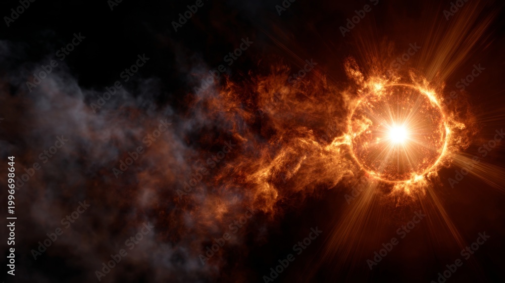 Fototapeta premium Massive solar flare and sun surface with burning plasma gas in deep space.