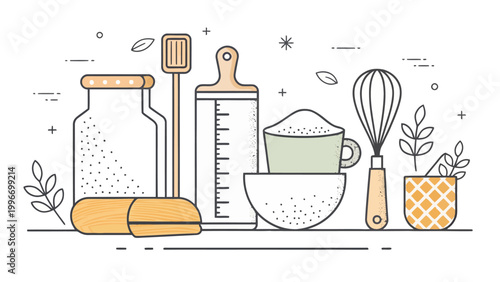 Kitchen tools and baking ingredients vector illustration cooking utensils, measuring cup, flour, whisk, and jar for recipe design
