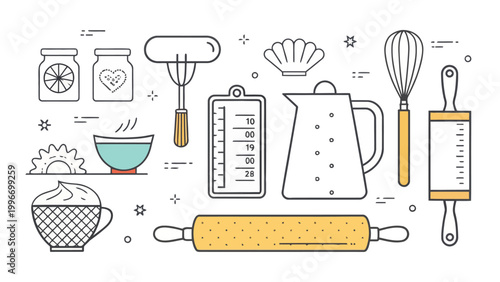 Set of kitchen utensils and baking tools, including rolling pins, whisk, measuring jug, jars, and bowls, line art style illustration